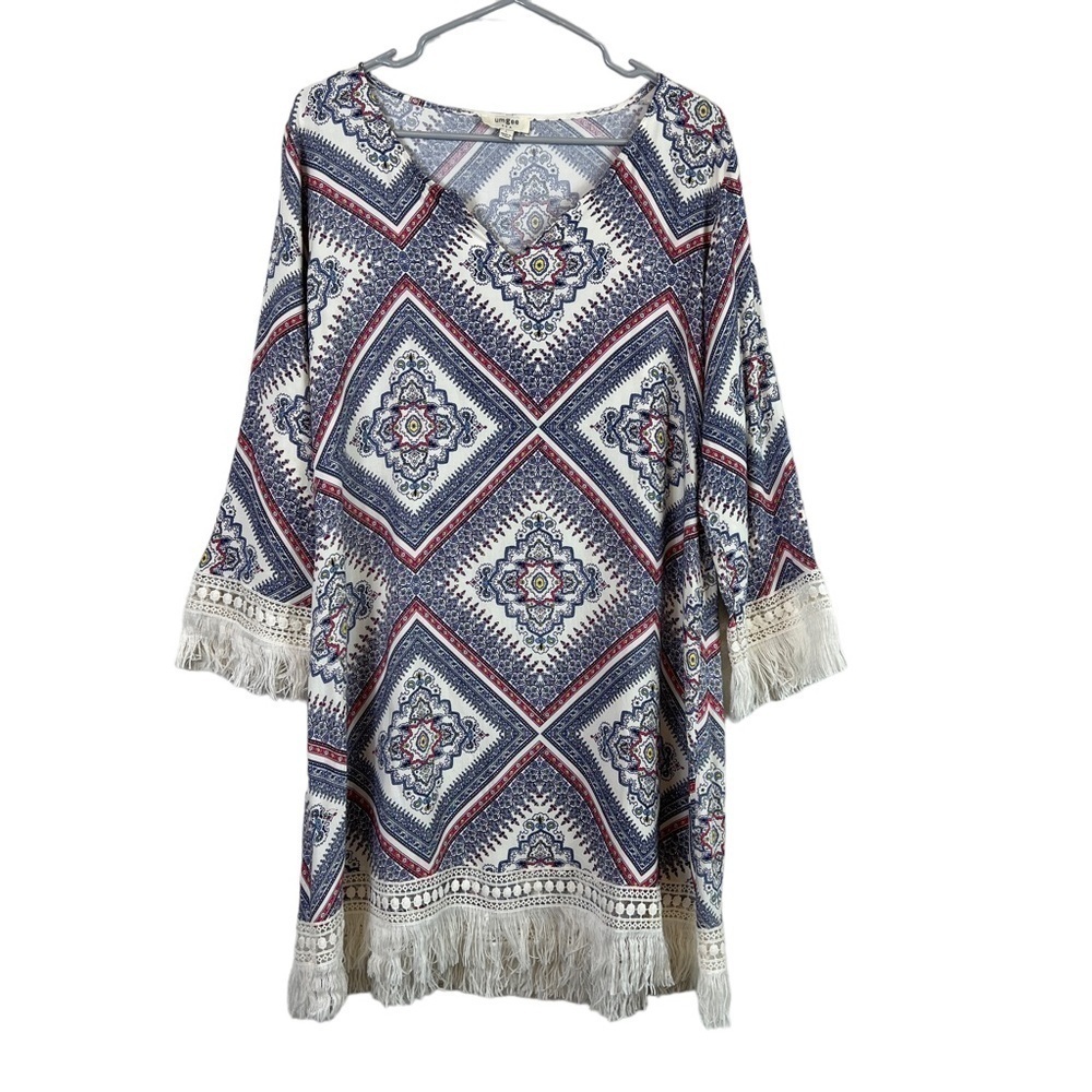 Umgee Crochet Fringe V-neck Boho Tunic Dress Size L